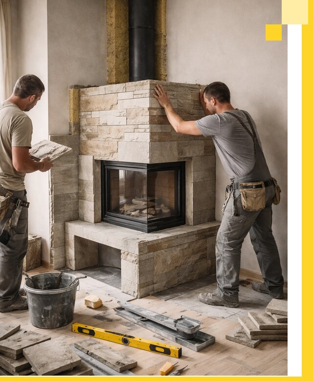 Угловые камины под ключ проект, монтаж и отделка в Ханты-Мансийске